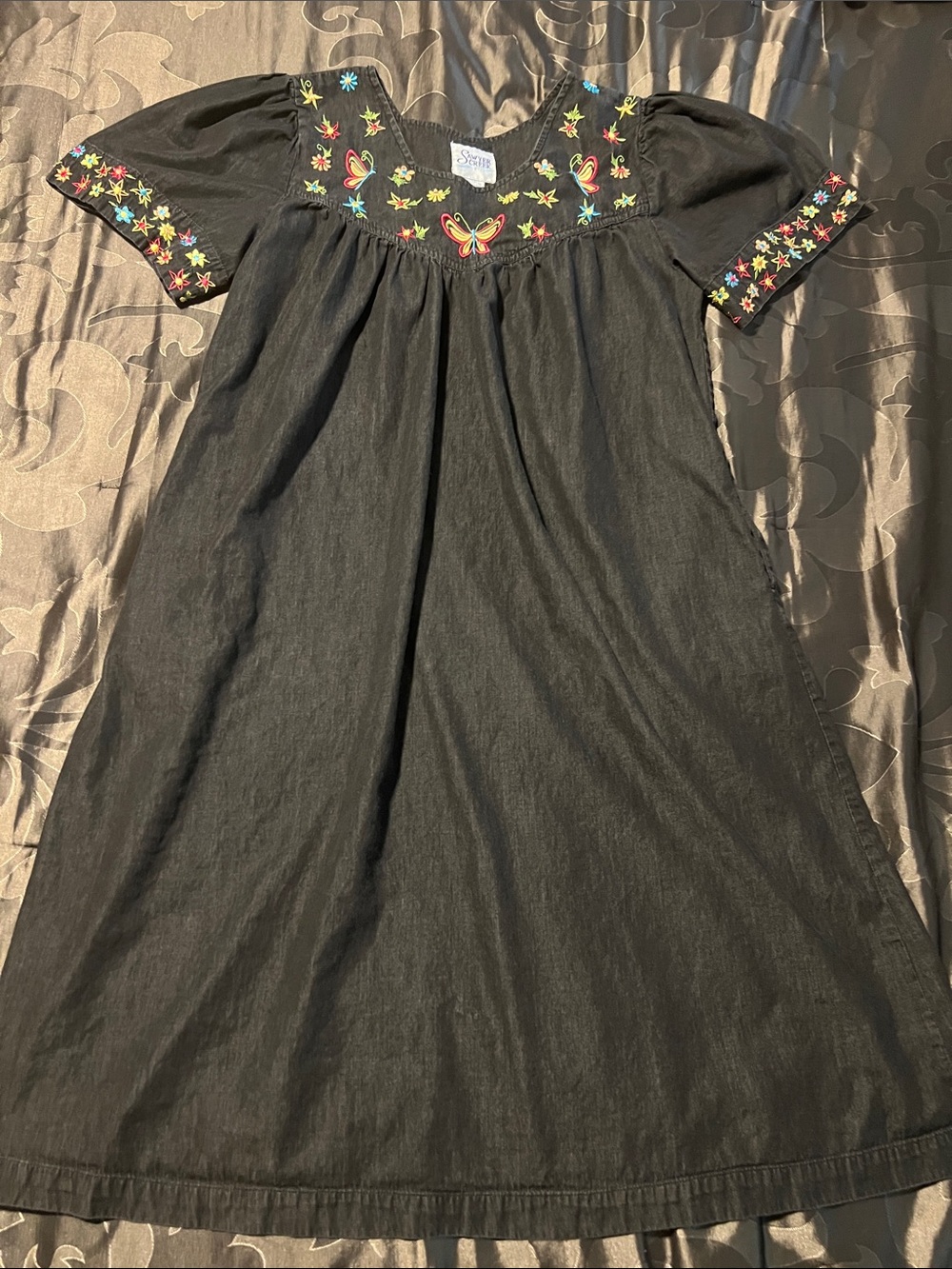VTG Sawyer Creek Cotton Black Colorful Embroidery Butterflies Mumu Housedress L